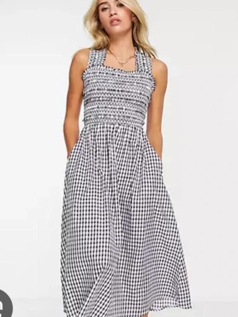 Mango Navy and White Gingham Smocked Maxi Dress